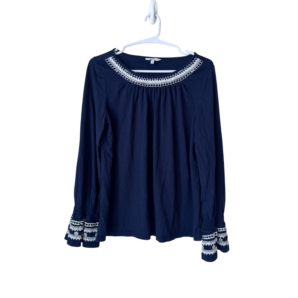 Crown & Ivy Navy Blue Embroidered Scoop Neck Long Sleeve Blouse Small